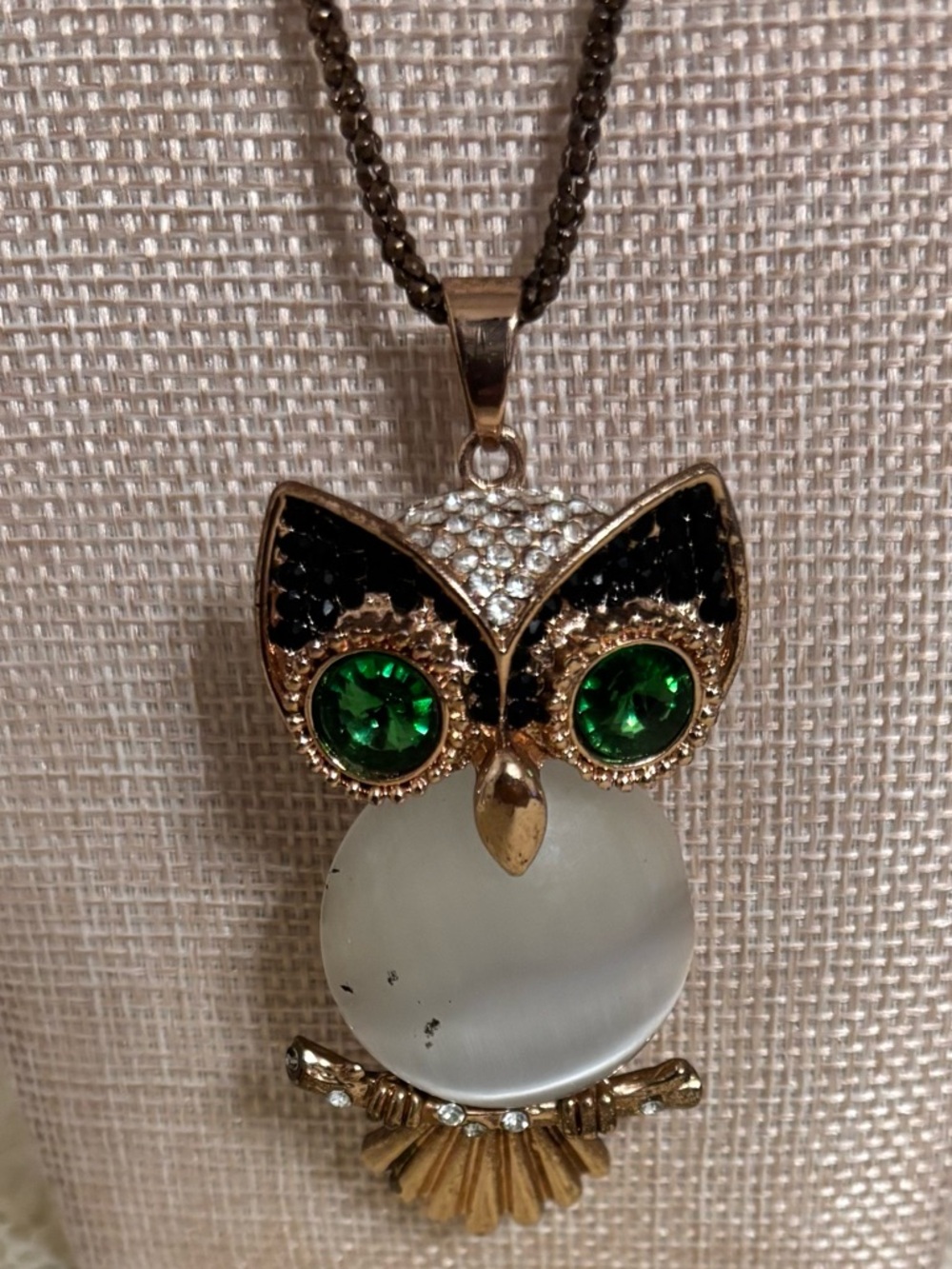 Gold-Tone Owl Pendant Necklace with Green Crystal Eyes